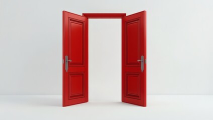 Open red double door on white background. Concept of new possibilities, success, dreams, hope. Entrance, exit, invitation, freedom. Bright color, glossy surface doors in room
