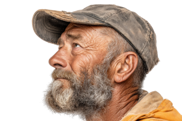 Weathered Old Man Profile Hopeful Gaze Worn Cap, isolated on a transparent background