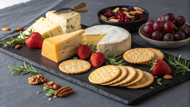 Beautifully arranged cheese platter with fruits, nuts, and crackers on a slate board - Powered by Adobe