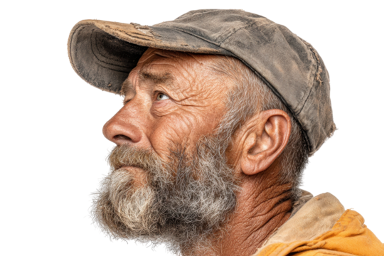Weathered Old Man Profile Hopeful Gaze Worn Cap, isolated on a transparent background
