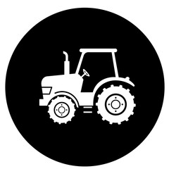 White Tractor Icon on Black Circle Background for Agriculture and Farming