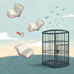 books flying out of a cage freedom through educ