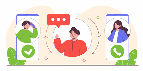 Fototapeta premium Modern illustration of people communicating via smartphone calls and messages