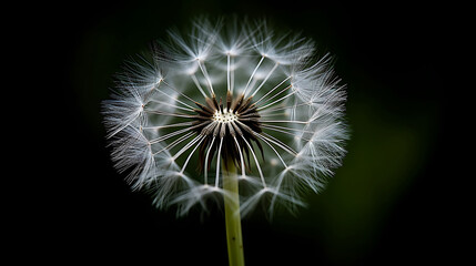 Fototapeta premium A delicate dandelion seed head with fluffy white seeds against a dark background