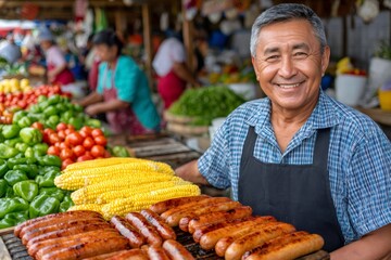 Happy latin american street vendor selling sausages and vegetables at farmers market