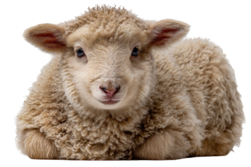Adorable fluffy lamb lying down sweet baby sheep farm animal, isolated on a transparent background
