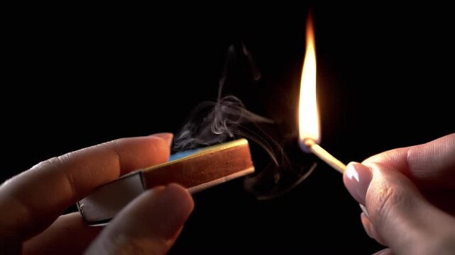 Lighting Match on Matchbox in Dark Room. Female hands lighting and striking match. Sparks, clouds of thick smoke. Lighting the room. Power Outage. Slow motion. Close-up.