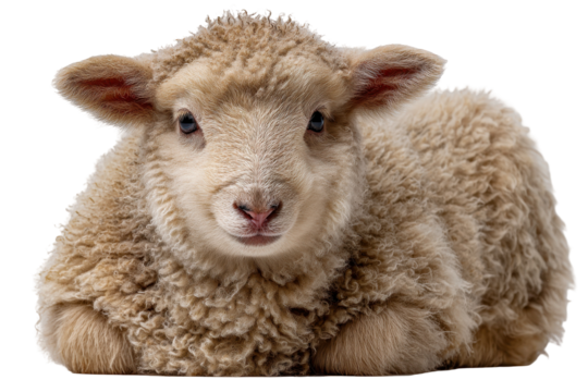 Adorable fluffy lamb lying down sweet baby sheep farm animal, isolated on a transparent background