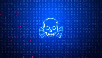 Digital skull graphic on binary code background