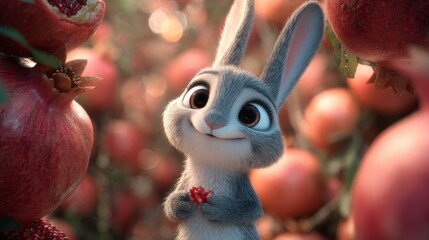 Cute animated rabbit with pomegranates in a vibrant orchard setting