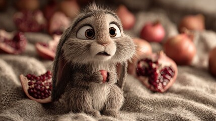 Adorable Rabbit Surrounded by Pomegranate Halves and Seeds