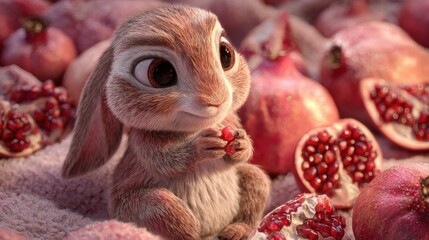 Cute Bunny with Pomegranates in Colorful and Playful Setting