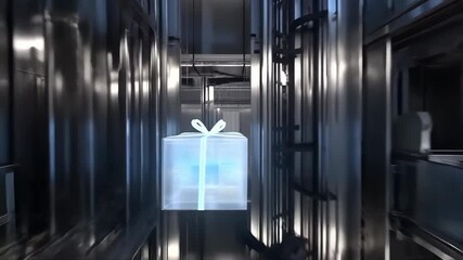 Glowing gift box floating in futuristic data center corridor with digital screens and metallic architecture, technology storage facility animation shows modern computing infrastructure - Powered by Adobe