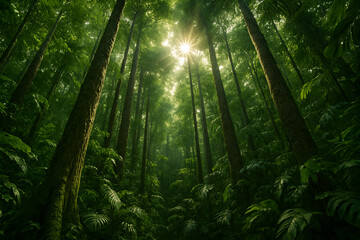 Obraz premium A low-angle view of a lush green forest with sunlight streaming through the trees.