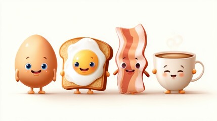 Obraz premium Cute Cartoon Breakfast Characters Including Egg, Toast, Bacon, Coffee