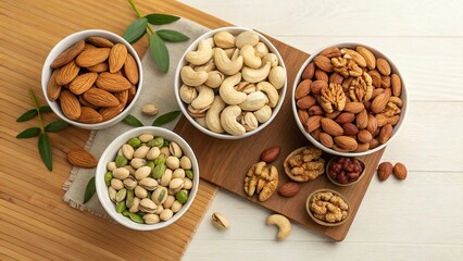 Selection of mixed nuts including almonds, cashews, walnuts, and more on a wooden board with greenery