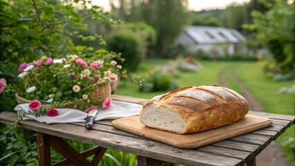Freshly baked bread resting on a wooden table beside a vibrant flower arrangement in a garden during the golden hour