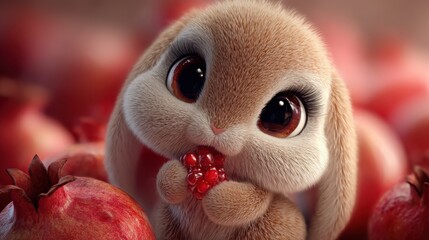 Cute Cartoon Bunny Holding Pomegranate Seeds Surrounded by Fruit