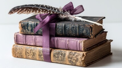 Vintage Books with Feather Quill and Ribbon on White Background