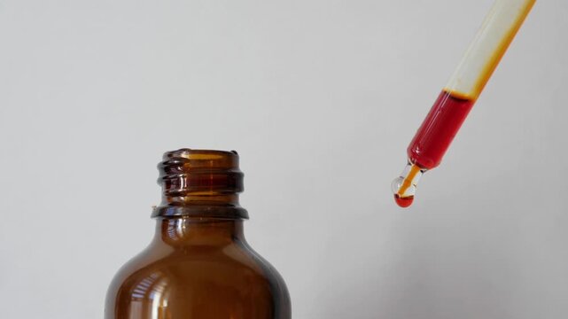 Iodine and iodide solution, slow motion. Lugol's solution in a droper