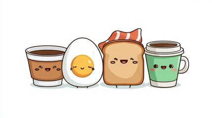 Cute Cartoon Breakfast Food Characters with Smiling Faces and Drinks