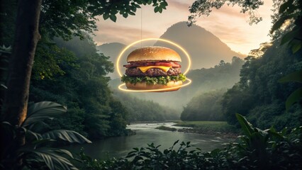 Surreal floating burger in a lush forest at sunset near a tranquil river