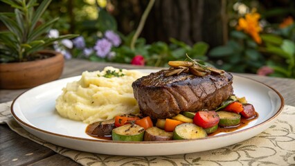 Succulent steak plated with roasted vegetables and creamy mashed potatoes in a vibrant outdoor setting