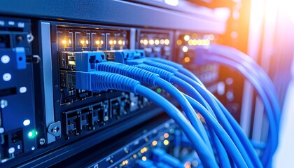 Close-up of network server with blue cables