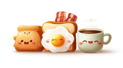 Cute Breakfast Characters with Toast, Egg, Bacon, and Coffee