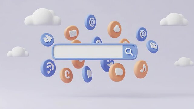 A 3d rendering of a search bar surrounded by social media icons and clouds floating in a digital space web serach