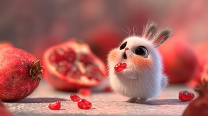 Cute fluffy bunny with pomegranate seeds in a whimsical setting