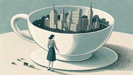 Surrealistic depiction of a woman observing a miniature city inside a giant coffee cup against a muted backdrop