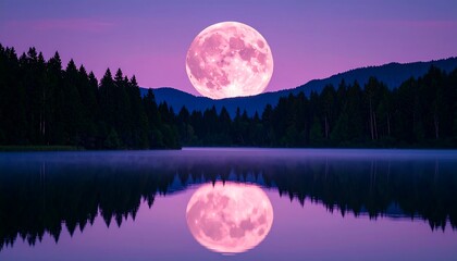 Full moon rising over a calm lake, reflected in the still water, with a dark forest silhouetted against the purple sky