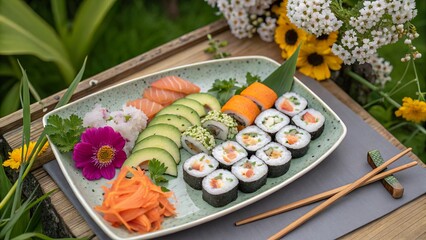 Top down view of a vibrant plate of sushi rolls with fresh ingredients elegantly arranged on a wooden table