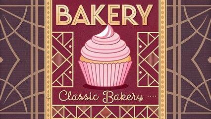 Vintage art deco bakery poster featuring a pink cupcake in a decorative design