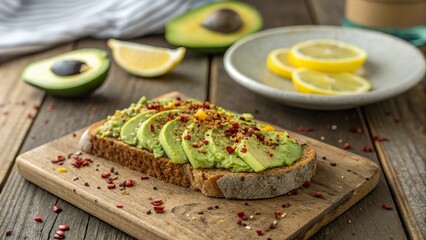 Fresh whole grain avocado toast topped with lemon and spices on a rustic wooden table