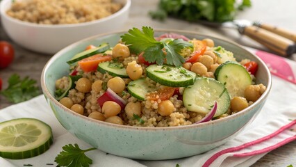 Wholesome quinoa salad featuring chickpeas and cucumbers with fresh herbs for a healthy meal