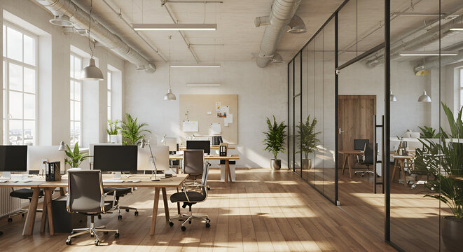 Fototapeta A modern, open-plan office space showcases minimalist design, natural light, and stylish furniture, great for advertising a contemporary and collaborative work environment.