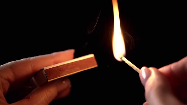 Lighting Match on Matchbox in Dark Room. Female hands lighting and striking match. Burning match, sparks, clouds of thick smoke. Room lighting. Power outage. Slow motion. Close-up.
