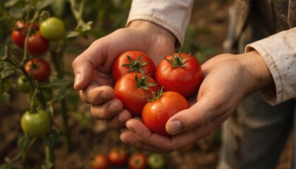 Person holds bouquet of red tomatoes in a rich garden with green stems. Vibrant tomatoes stand out from green foliage. Garden background with plants and trees