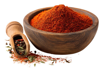 Aromatic Red Spice Blend in Wooden Bowl and Scoop,, isolated on a transparent background