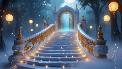 Magical staircase leading to arched gate in ethereal blue light. Ideal for fairy tale visuals, dreamscape art, and celestial theme compositions.
