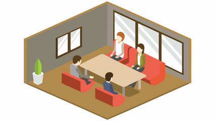 Isometric view of a meeting room with four people sitting around a table in a modern office space