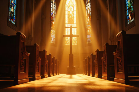 Serene church interior view towards altar. Grand architecture features cross, stained glass windows bathing space in vibrant colors. Light-colored wooden floor adds brightness. Warm natural light - Powered by Adobe