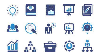business and management icons including teamwork and presentation tools shown in blue