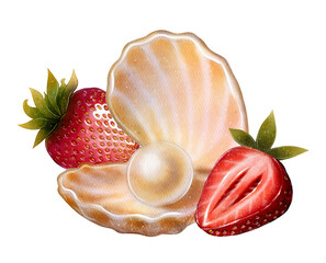 Watercolor composition with open pearl seashell and fresh strawberries. Hand-painted clipart on white background for summer packaging, cosmetics, cards, and kitchen decor.