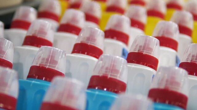 Close-up of clear lids of plastic jars of household chemicals standing in a row. Curved bottles of household chemicals, for ease of use.