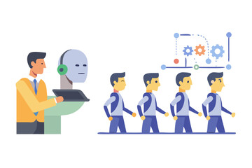 Man controlling robot and automated process with people in line