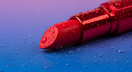Lustrous red lipstick with water droplets on a gradient blue to purple surface