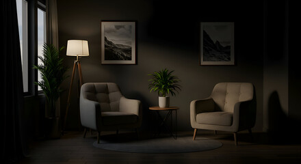 Modern living room with soft armchairs, potted greenery, and a serene neutral palette, designed for comfort and relaxation in a stylish home setting filled with natural light.